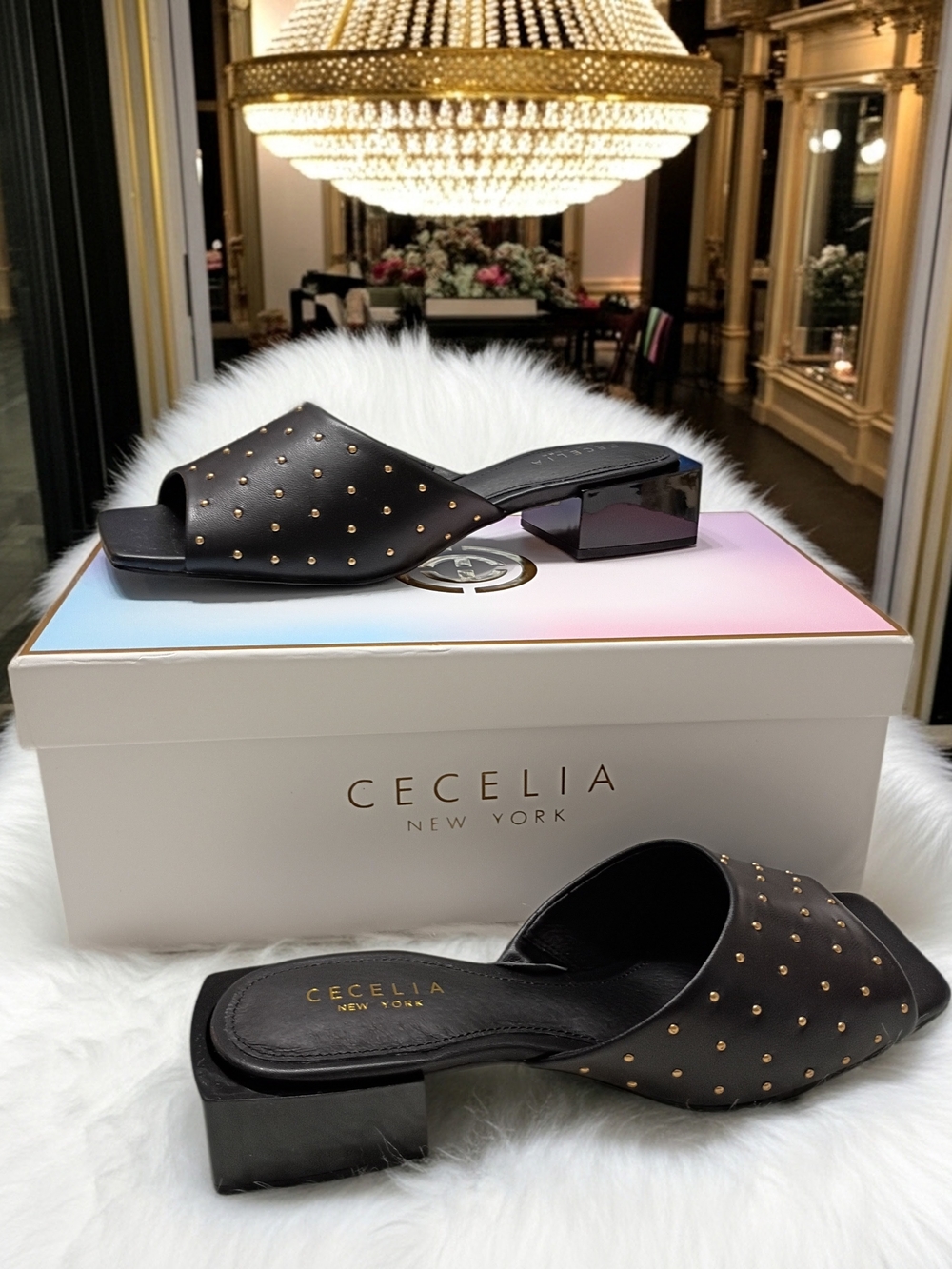 New CECELIA NEW YORK Olivia Black Studded Slide Mules with Low Block Heel 8M